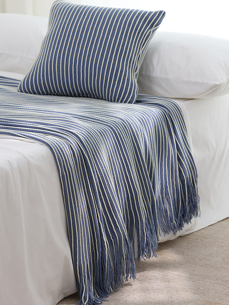 Blue Cozy Knit Throw Blanket with Fringe – Stylish Striped  Bed End Cover, 127x170cm