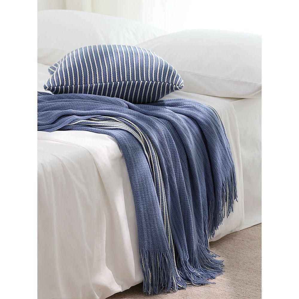 Blue Cozy Knit Throw Blanket with Fringe – Stylish Striped  Bed End Cover, 127x170cm