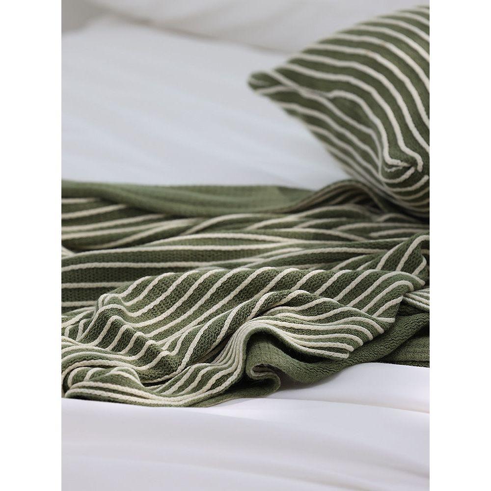 Green Cozy Knit Throw Blanket with Fringe - Stylish Striped  Bed End Cover, 127x170CM