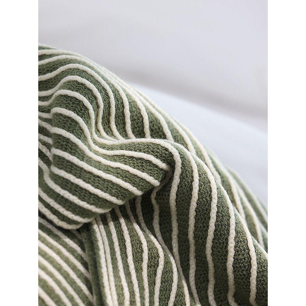 Green Cozy Knit Throw Blanket with Fringe - Stylish Striped  Bed End Cover, 127x220CM