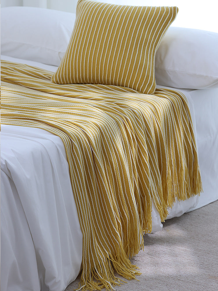 Yellow Cozy Knit Throw Blanket with Fringe - Stylish Striped  Bed End Cover, 127x220CM