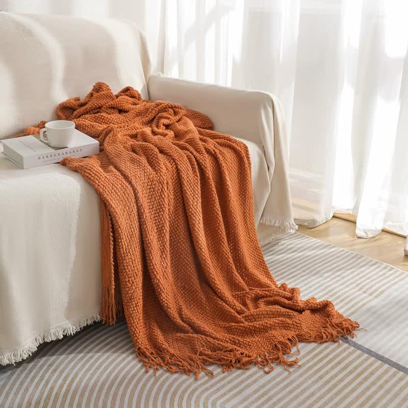 Orange Premium Woven Knitted Throw Blanket with Tassels | Soft, Cozy Sofa &amp; Bed Blanket, Perfect for Office or Afternoon Naps 130x260cm