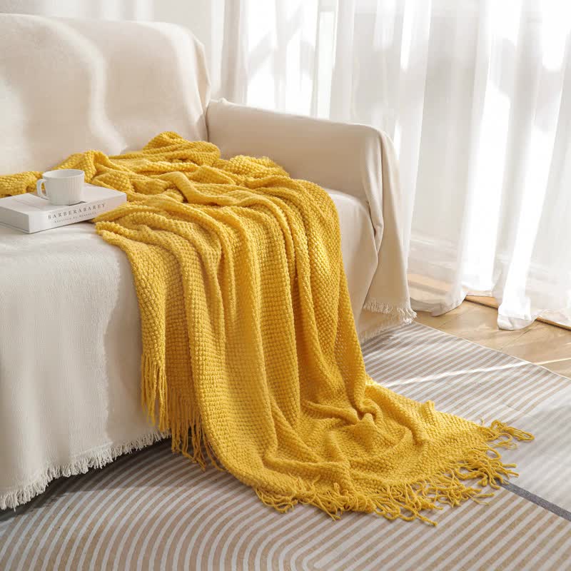 Yellow Premium Woven Knitted Throw Blanket with Tassels | Soft, Cozy Sofa &amp; Bed Blanket, Perfect for Office or Afternoon Naps 127x172cm