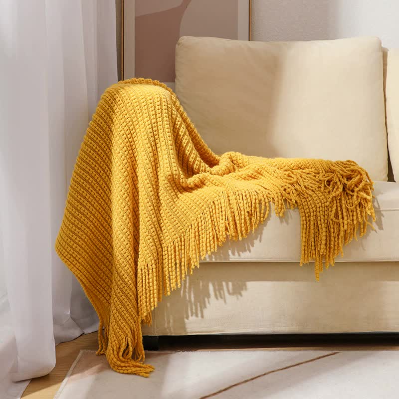 Yellow Premium Woven Knitted Throw Blanket with Tassels | Soft, Cozy Sofa & Bed Blanket, Perfect for Office or Afternoon Naps 127x172cm