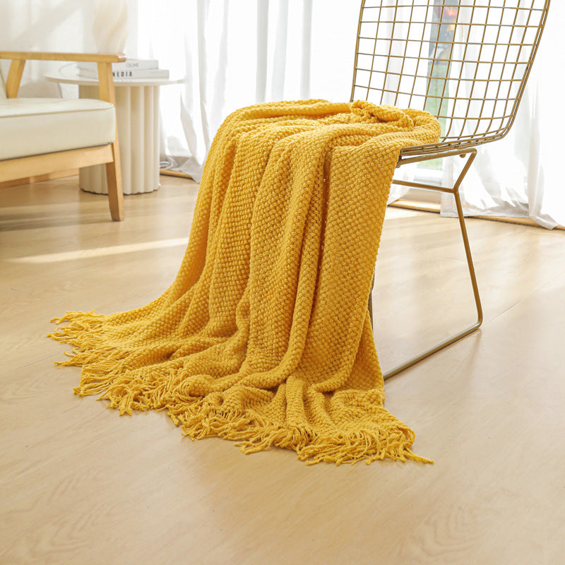 Yellow Premium Woven Knitted Throw Blanket with Tassels | Soft, Cozy Sofa & Bed Blanket, Perfect for Office or Afternoon Naps 127x172cm