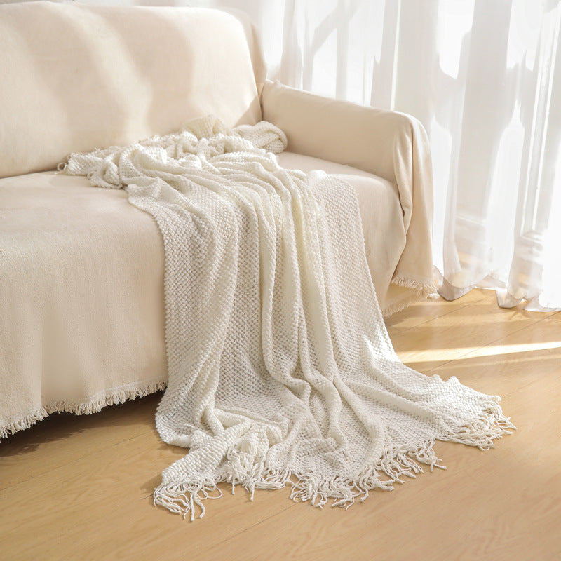 Off-white Premium Woven Knitted Throw Blanket with Tassels | Soft, Cozy Sofa & Bed Blanket, Perfect for Office or Afternoon Naps 130x260cm