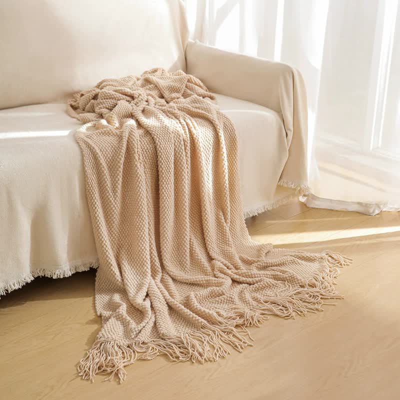 Off-white Premium Woven Knitted Throw Blanket with Tassels | Soft, Cozy Sofa & Bed Blanket, Perfect for Office or Afternoon Naps 130x260cm