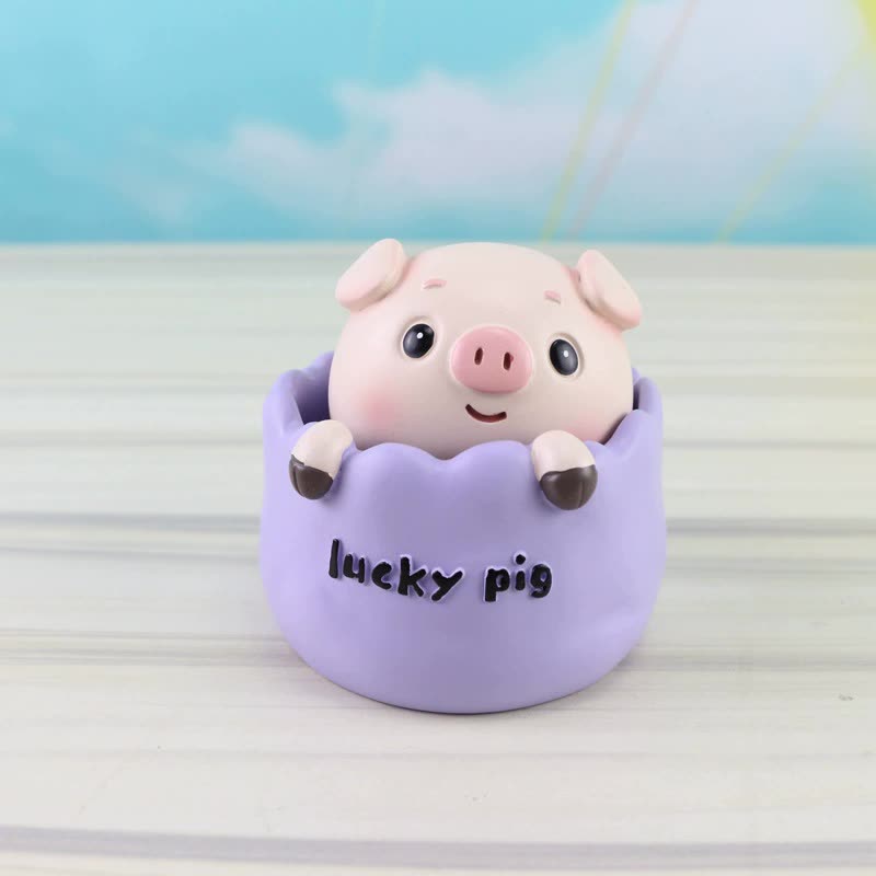 2 pcs Purple Cute Pig Head Bobble Head Car Ornament | Resin Pig Doll for Car Dashboard Decoration 6.5x7cm