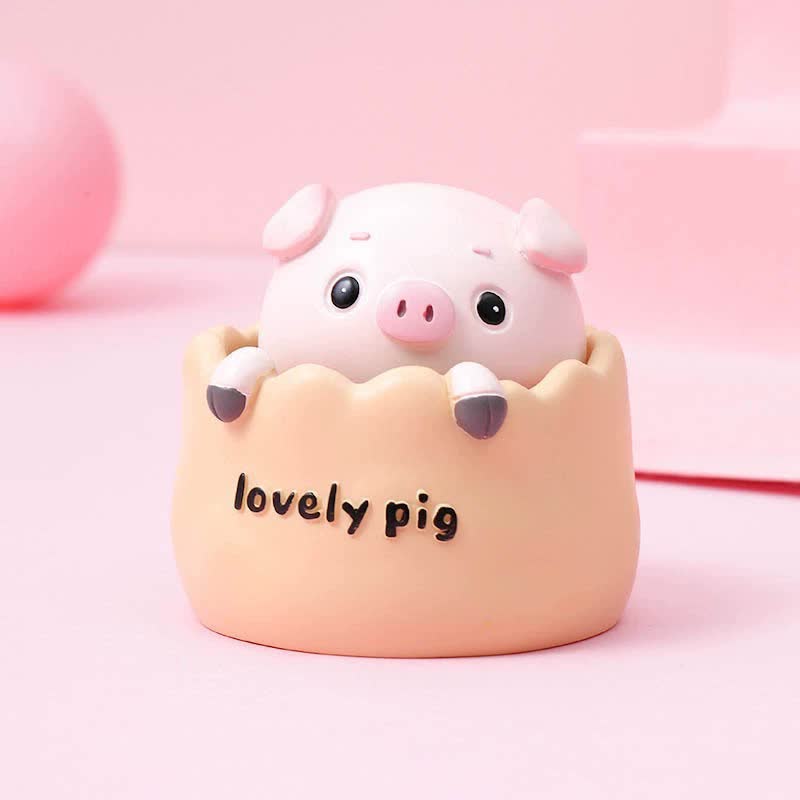 2 pcs Yellow Cute Pig Head Bobble Head Car Ornament | Resin Pig Doll for Car Dashboard Decoration 6.5x7cm