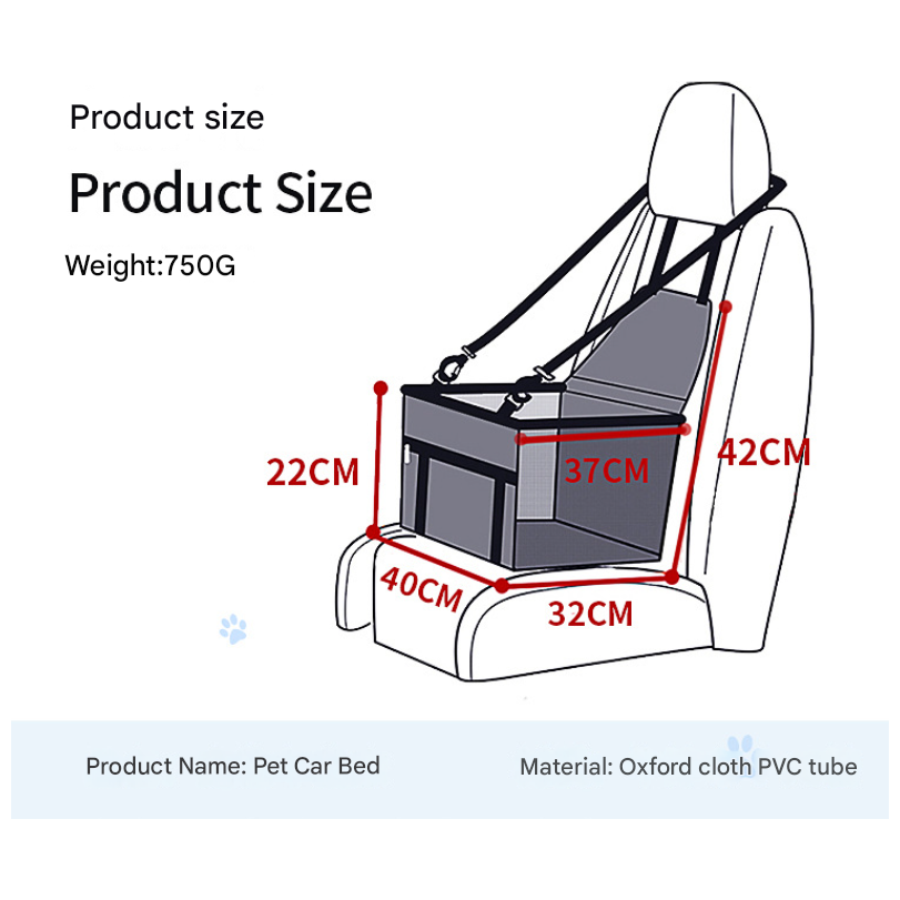 Gray footprints Portable Pet Car Seat for Dogs and Cats - Adjustable Car Seat Cover, Pet Travel Car Carrier with Safety Belt