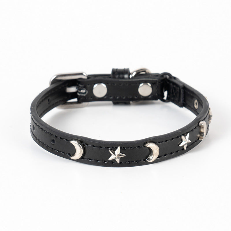 3 pcs Black Stylish PU Leather Pet Collar - Anti-Loss, Puppy Bell, Star &amp; Moon Design Width 1.2cm Total Length 35cm