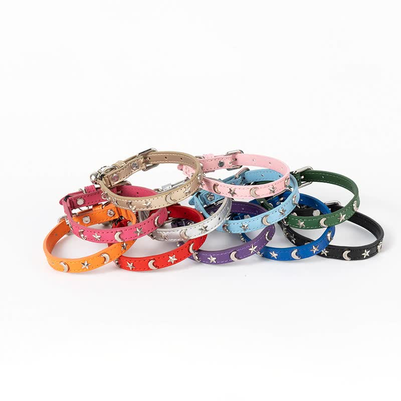 3 pcs Pink Stylish PU Leather Pet Collar - Anti-Loss, Puppy Bell, Star & Moon Design Width 1.2cm Total Length 35cm