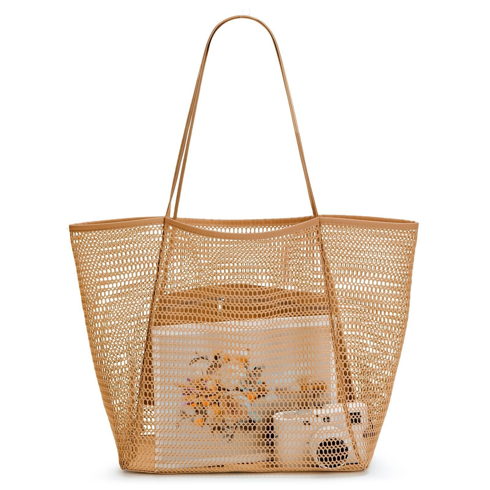 2 pcs Khaki Casual Mesh Tote Bag - Shoulder Bag for Beach & Travel 35x17x37cm