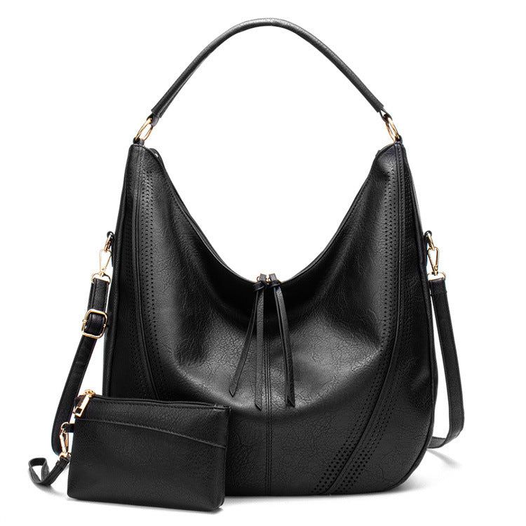 Black Faux Leather Hobo Bag - Large Shoulder Tote w/Coin Purse