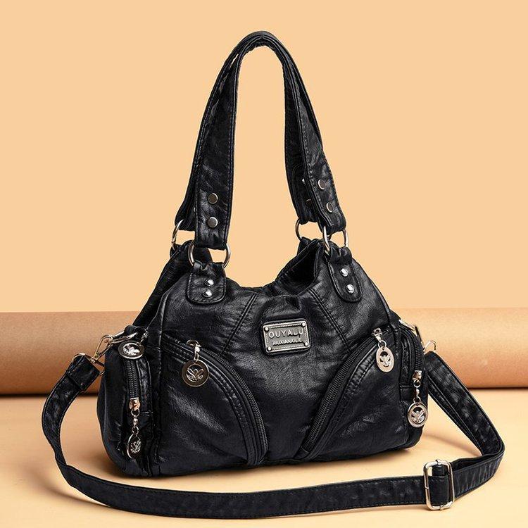 Black Vintage Soft Leather Biker Bag - Shoulder Crossbody Handbag