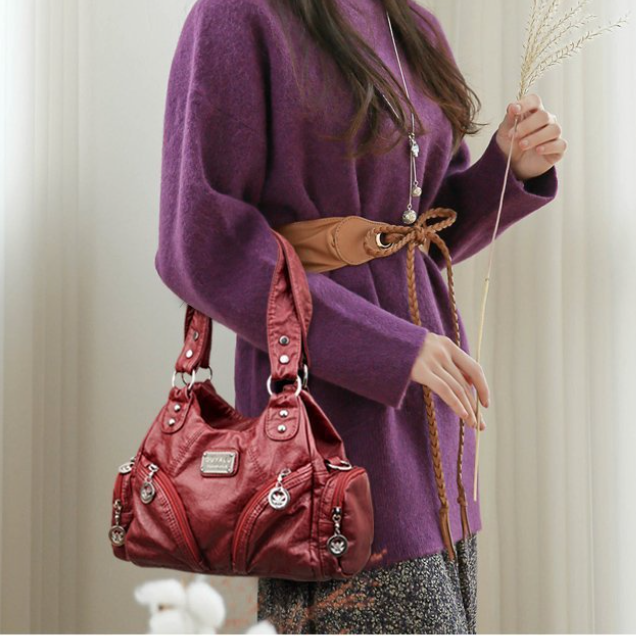 Red Vintage Soft Leather Biker Bag - Shoulder Crossbody Handbag