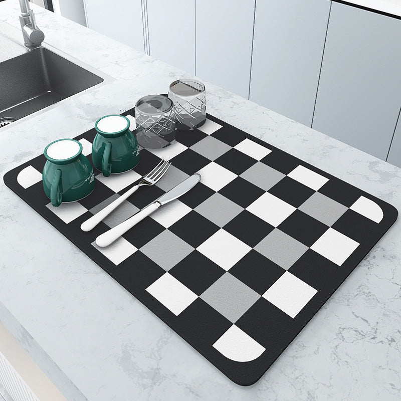 Black and white grids Kitchen Drying Mat - Super Absorbent Dish &amp; Cup Drainer Pad 40x50cm