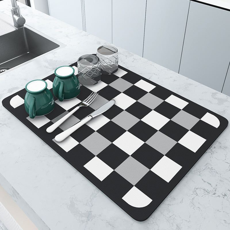 Black and white grids Kitchen Drying Mat - Super Absorbent Dish & Cup Drainer Pad 40x50cm