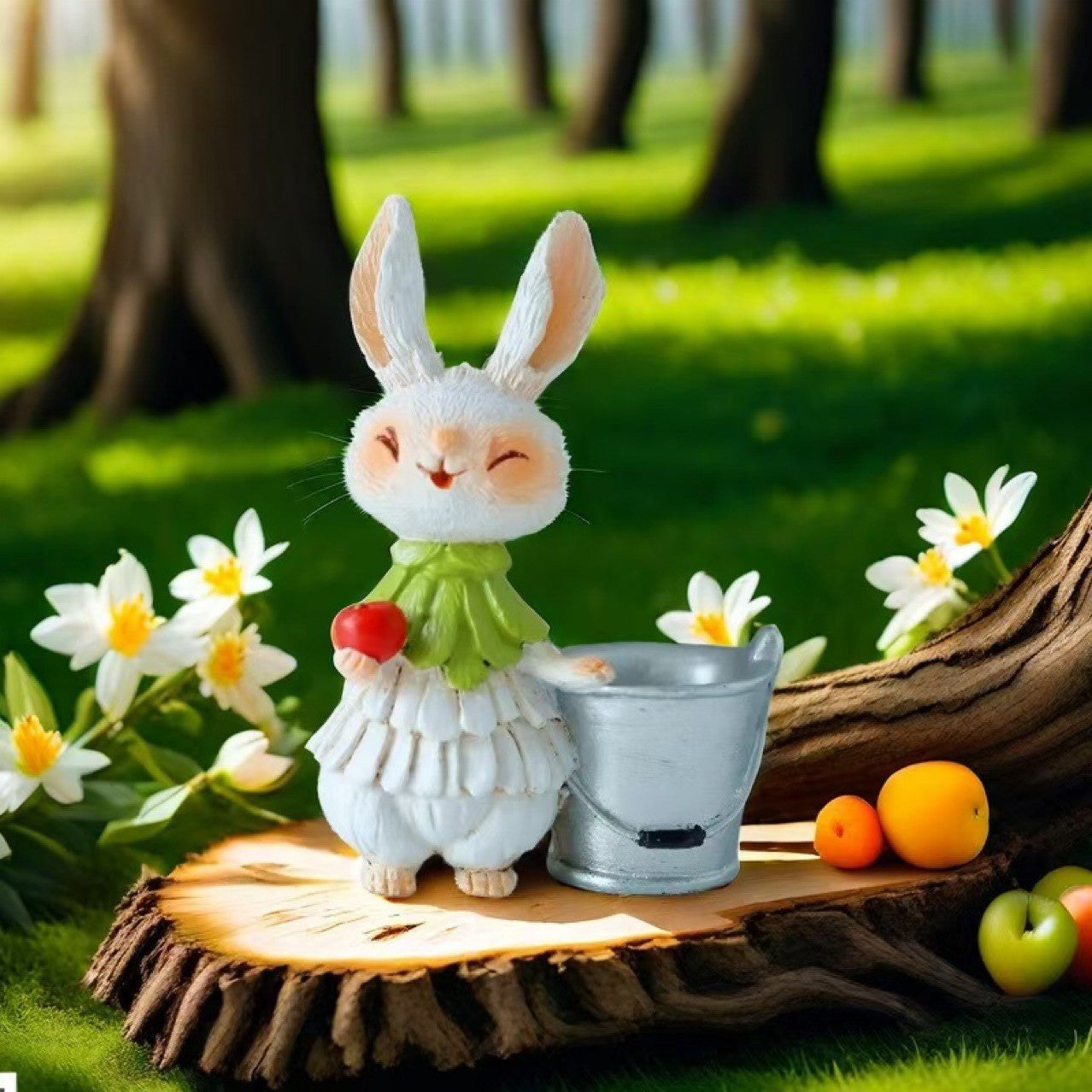Green Bunny with Bucket Whimsical Bunny Garden Decor - Easter Flower Pot Statue