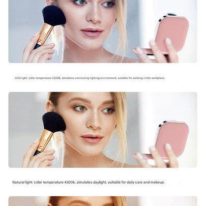 Black LED Makeup Mirror with Light - Portable Folding USB Rechargeable Compact Mirror with 3 Color Lighting