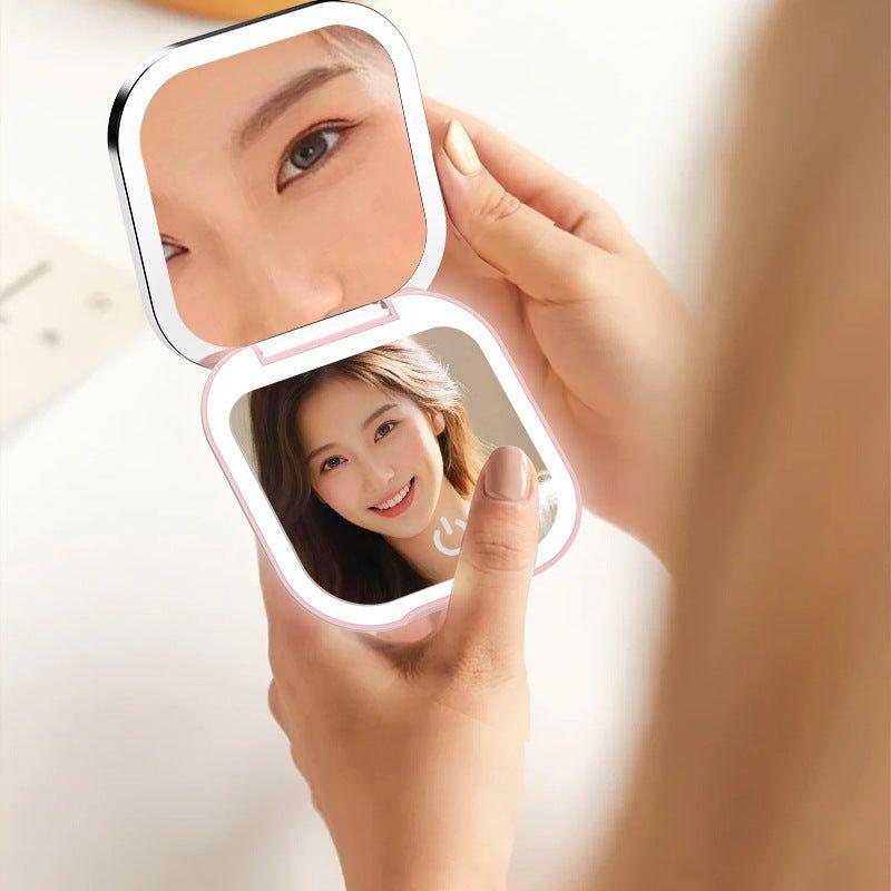 Pink LED Makeup Mirror with Light - Portable Folding USB Rechargeable Compact Mirror with 3 Color Lighting