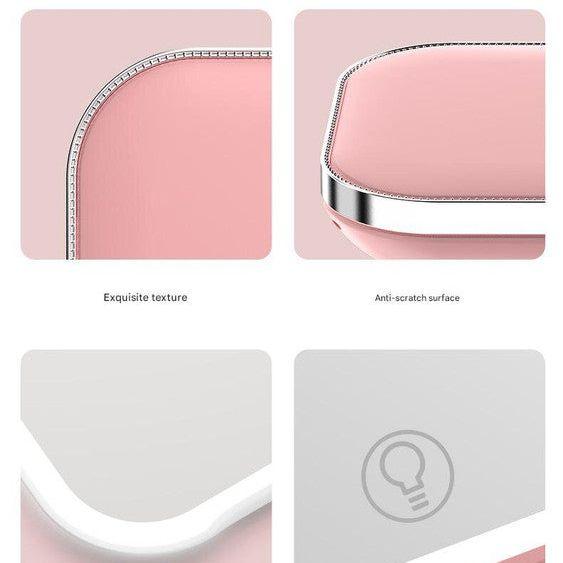 Pink LED Makeup Mirror with Light - Portable Folding USB Rechargeable Compact Mirror with 3 Color Lighting