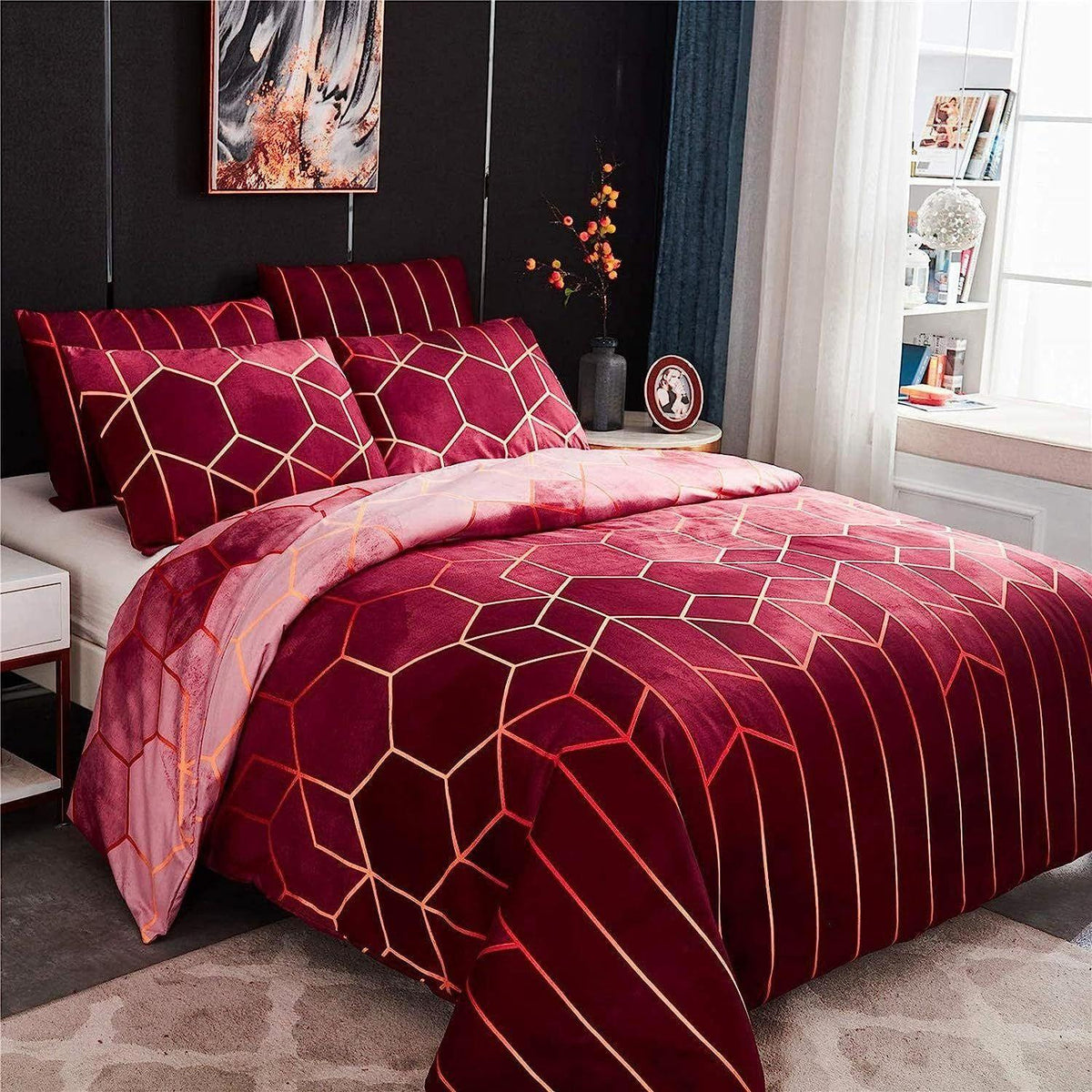 Geometric Print Duvet Cover - 3 Piece Red Ombre Bedding Set Quilt cover 230X265cm-Pillowcase 51X92cm