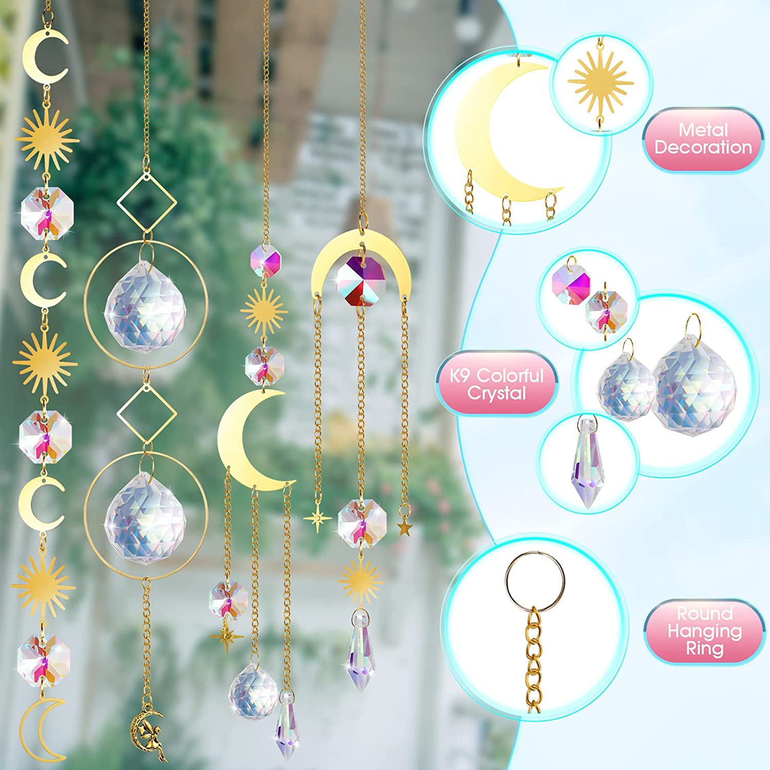 (Style 3) 4 pcs Crystal Wind Chimes-Sun Catcher Star Moon Dream Catcher for Window 31cm