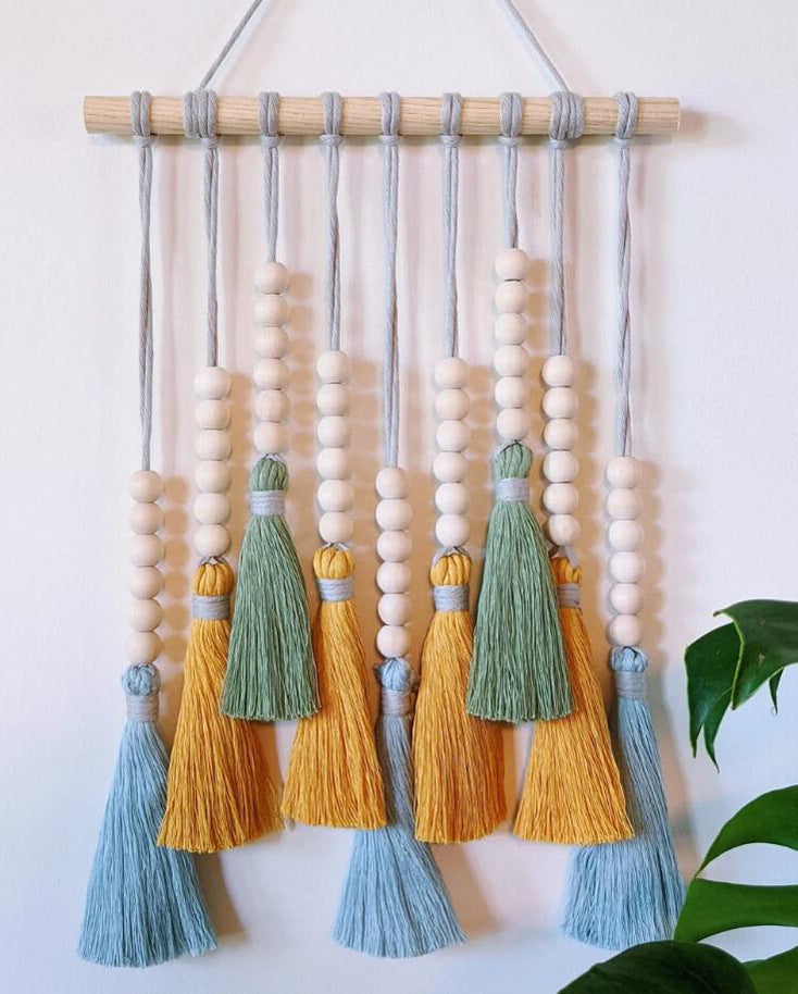 Colorful Tassel Wall Hanging-Wooden Beads Boho Tapestry Home Decor (Light Blue)