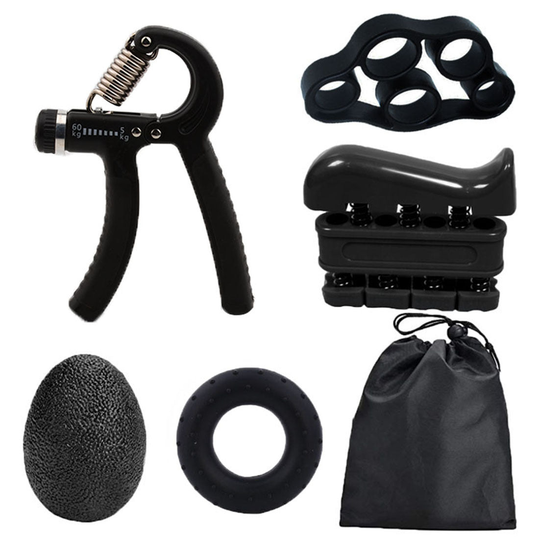 Black 5-Piece Hand Grip Strength Training Set – Adjustable Grip Exerciser, Silicone Grip Rings &amp; Grip Ball