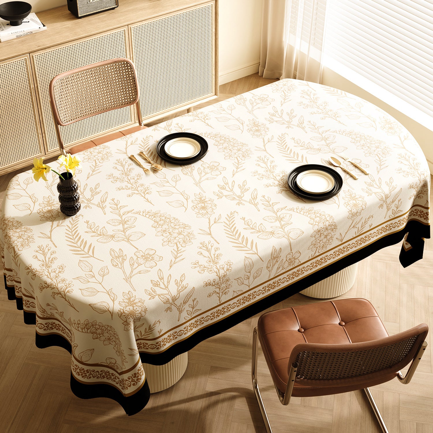 Style A Black and  Beige Premium PVC Tablecloth - Oil & Water Resistant Table Cover for Dining Tables (120 x 180 cm)