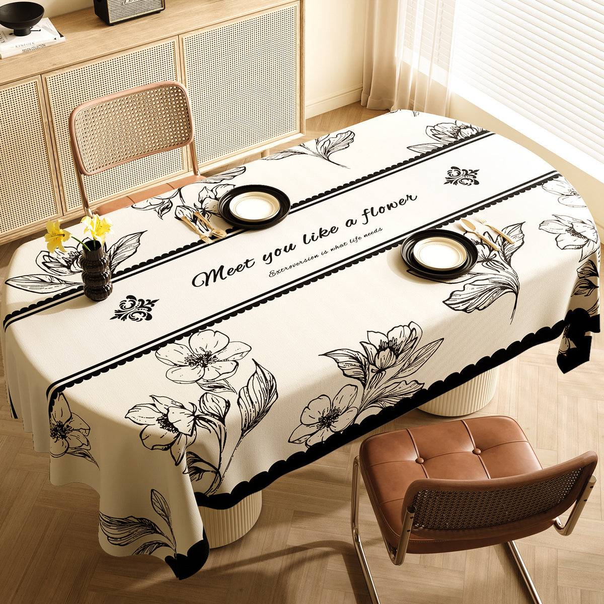 Style D Black And Off White Premium PVC Tablecloth - Oil &amp; Water Resistant Table Cover for Dining Tables (120 x 180 cm)