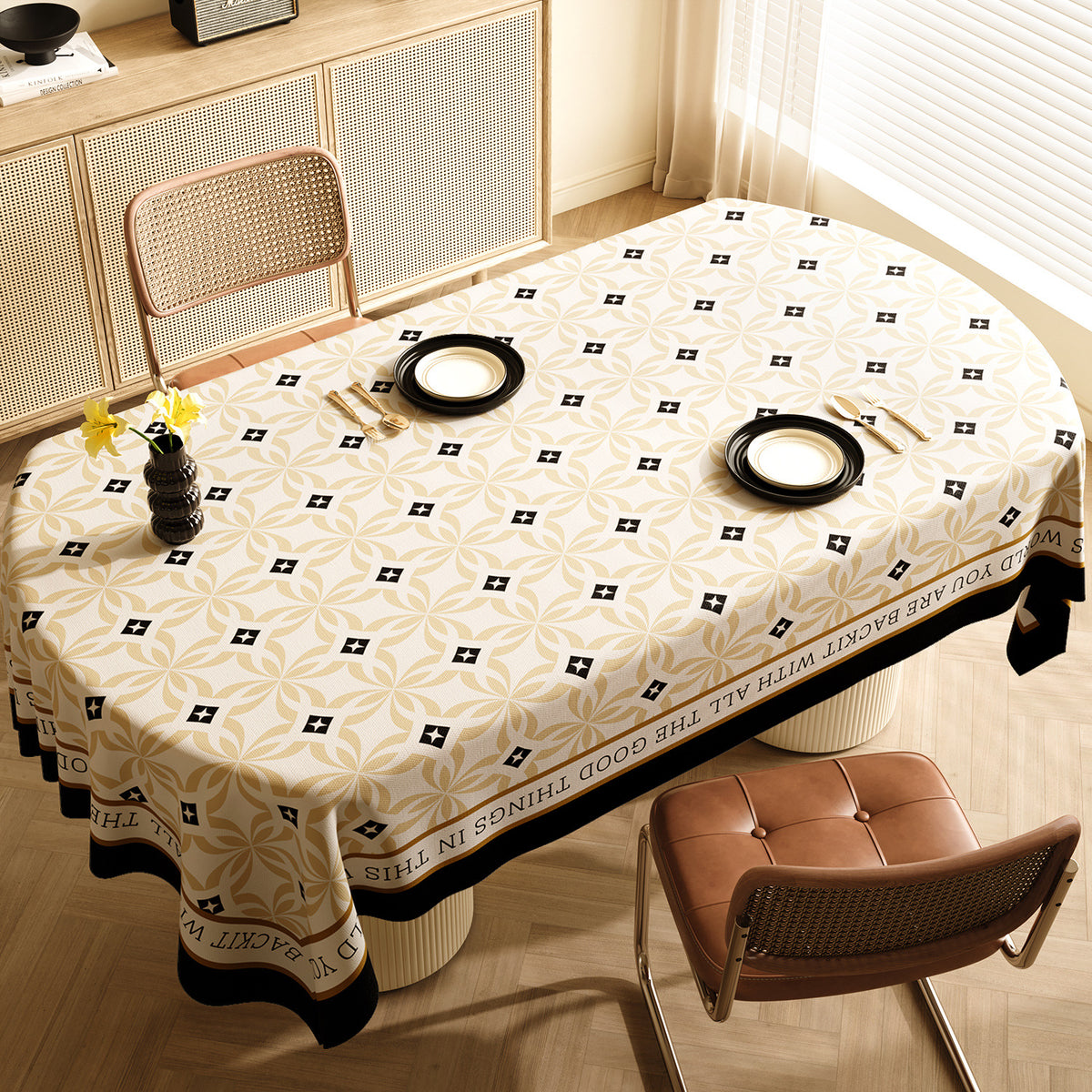 Style E Black And Off White Premium PVC Tablecloth - Oil &amp; Water Resistant Table Cover for Dining Tables (120 x 180 cm)