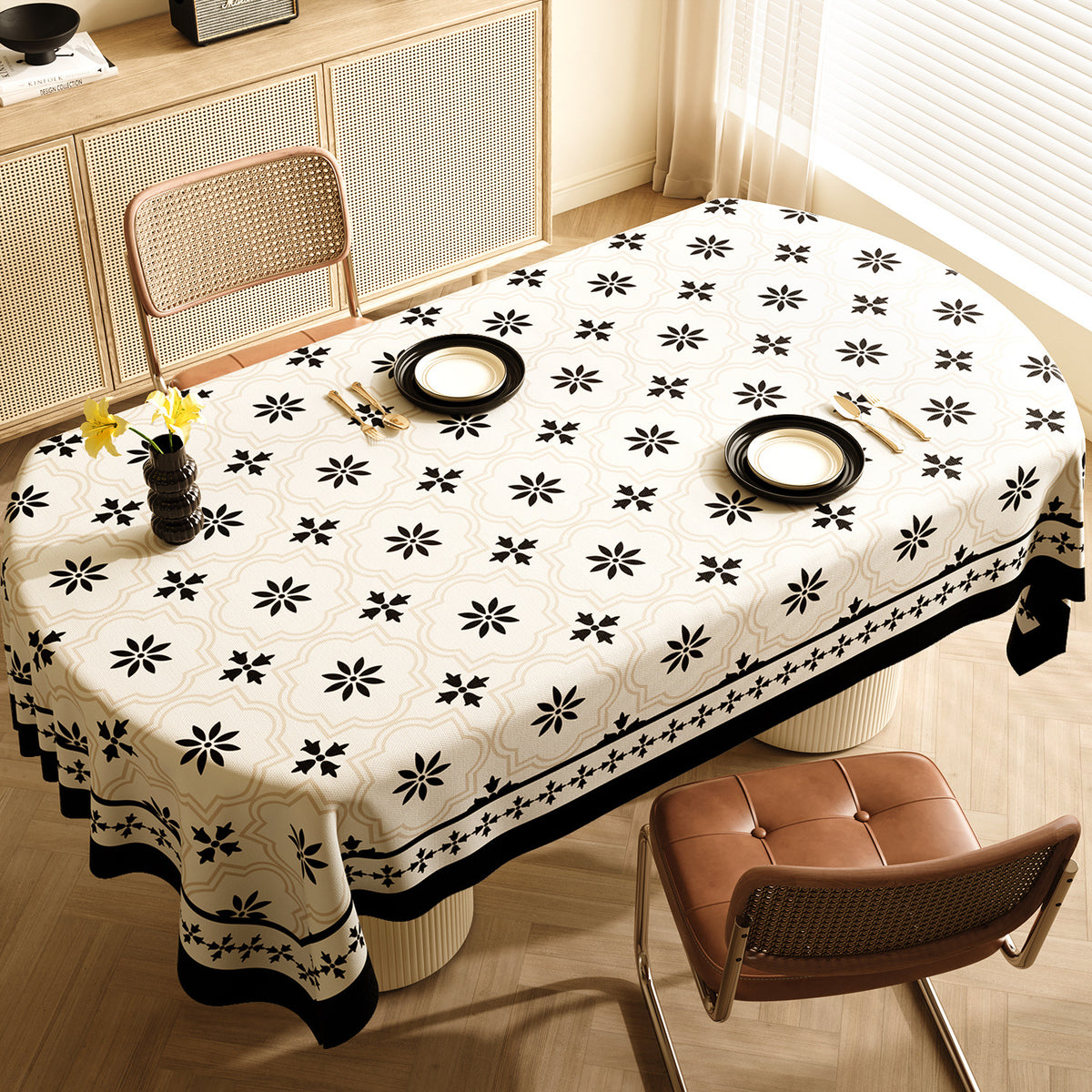 Style F Black And Off White Premium PVC Tablecloth - Oil &amp; Water Resistant Table Cover for Dining Tables (120 x 180 cm)