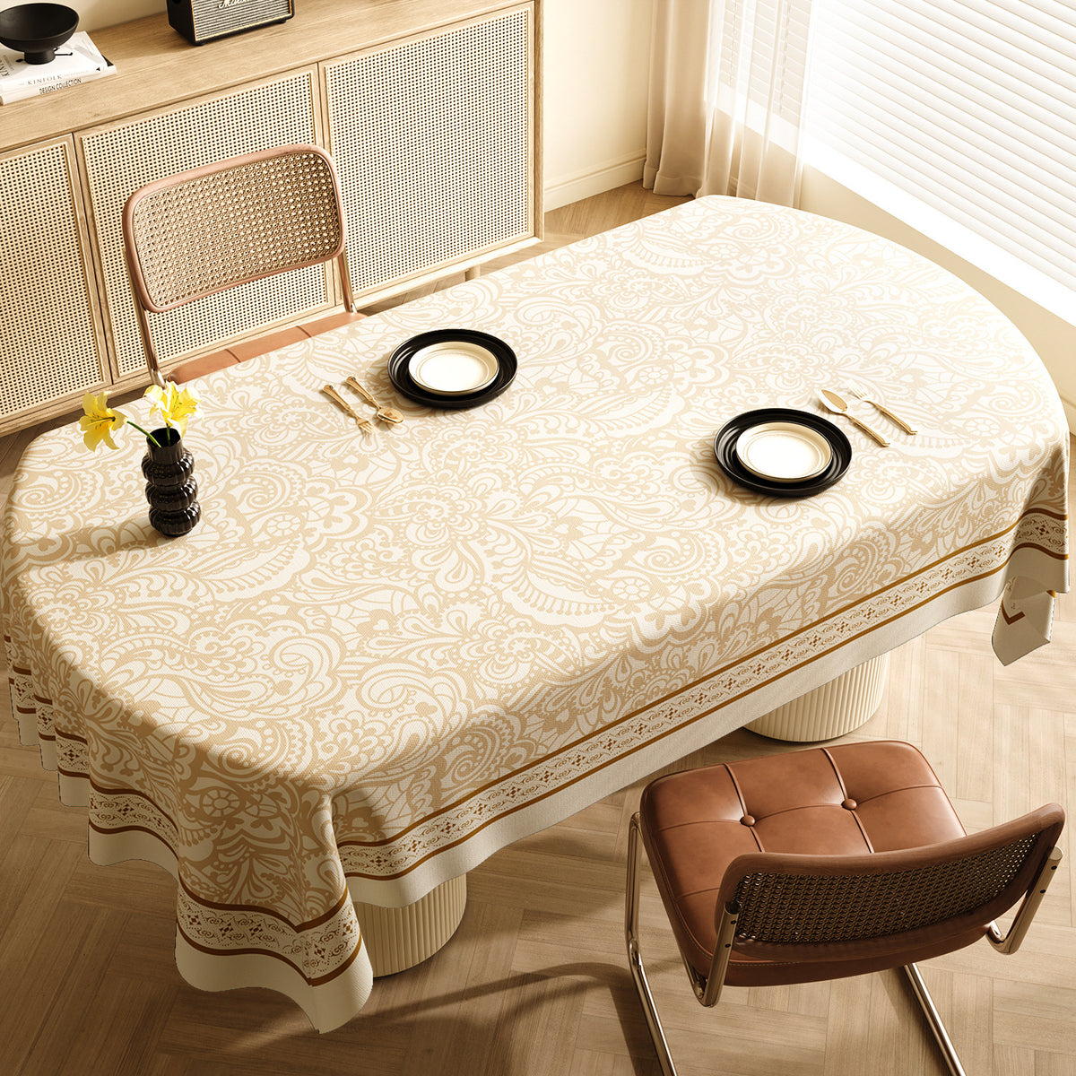 Style C Brown And Off White Premium PVC Tablecloth - Oil &amp; Water Resistant Table Cover for Dining Tables (140 x 220 cm)