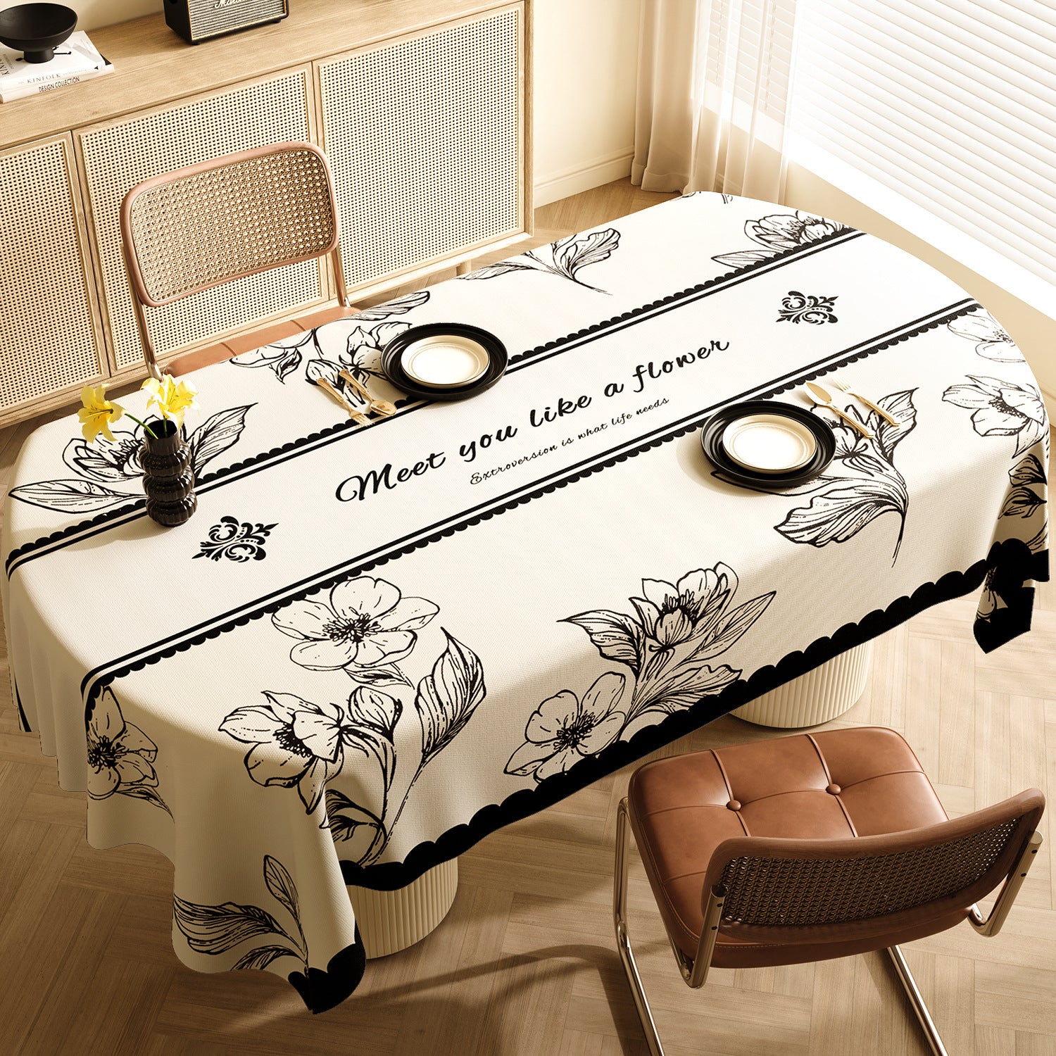 Style D Black And Off White Premium PVC Tablecloth - Oil & Water Resistant Table Cover for Dining Tables (140 x 220 cm)