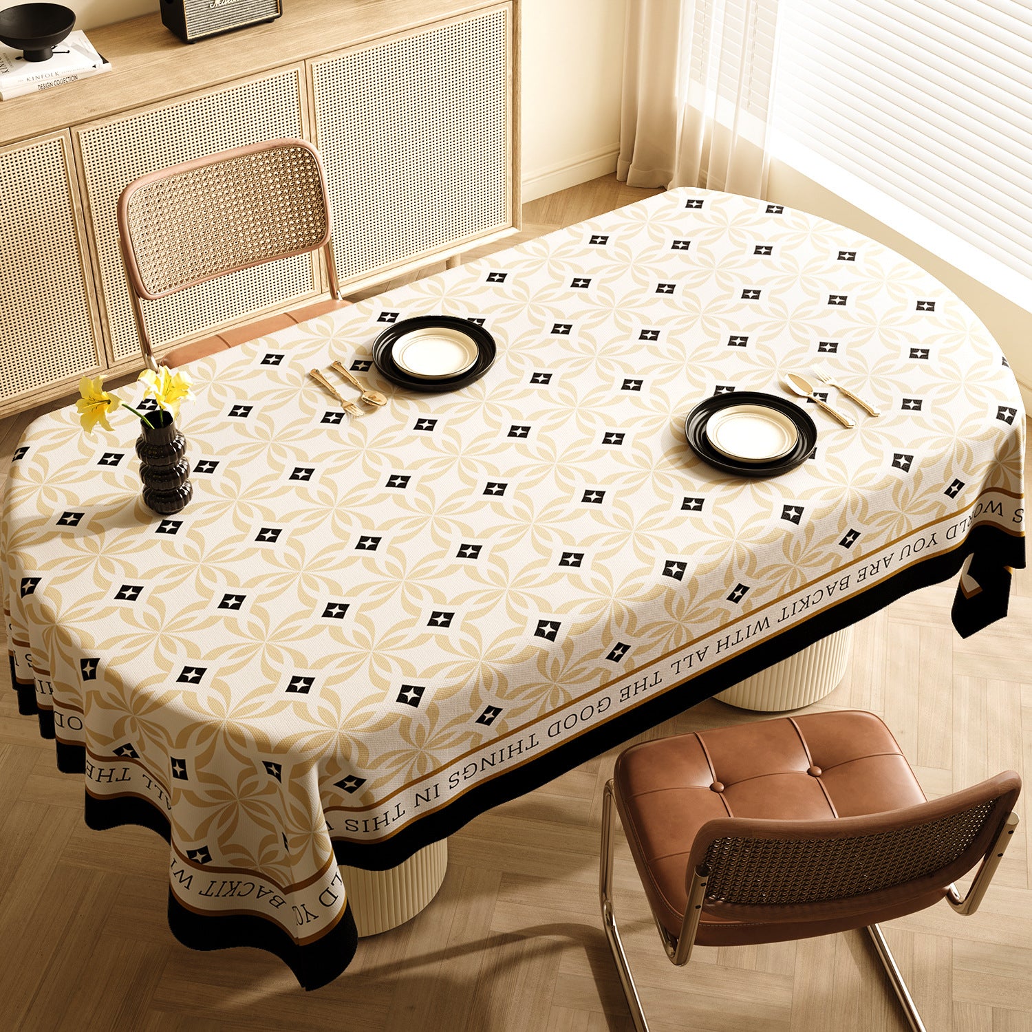 Style E Black And Beige Premium PVC Tablecloth - Oil & Water Resistant Table Cover for Dining Tables (140 x 220 cm)