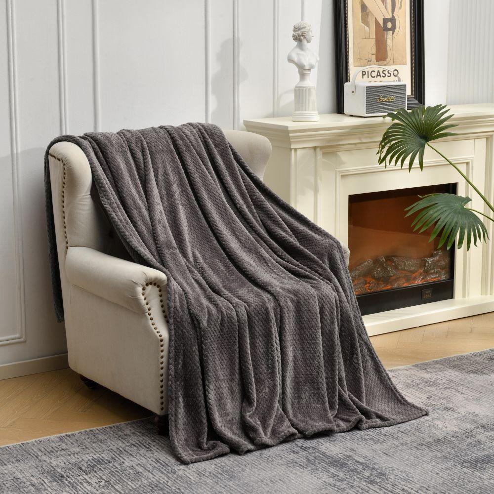 Dark Grey Soft Flannel Jacquard Throw Blanket - Cozy Sofa &amp; Bed Cover, Air Conditioning Blanket, 50 x 60 Inches, Elegant Solid Color