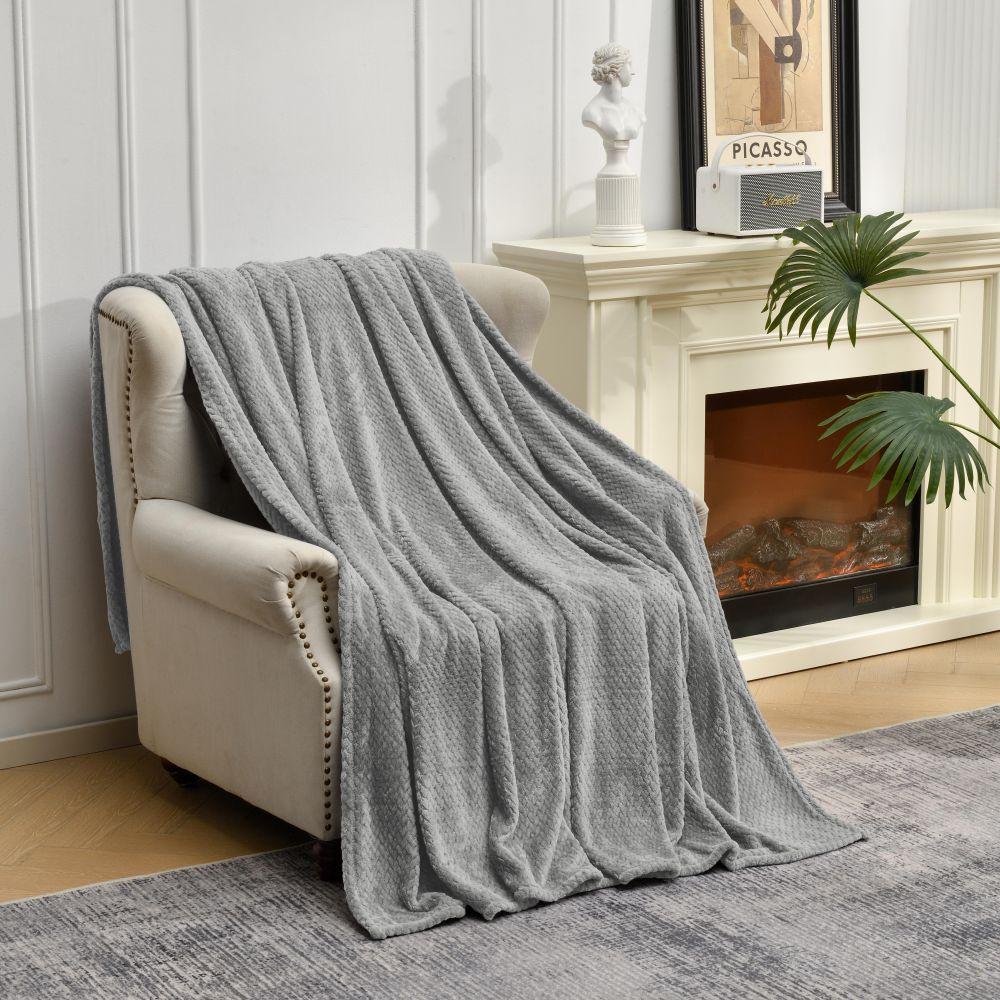 Grey Soft Flannel Jacquard Throw Blanket - Cozy Sofa &amp; Bed Cover, Air Conditioning Blanket, 50 x 60 Inches, Elegant Solid Color