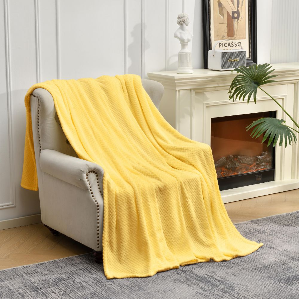 Yellow Soft Flannel Jacquard Throw Blanket - Cozy Sofa &amp; Bed Cover, Air Conditioning Blanket, 50 x 60 Inches, Elegant Solid Color