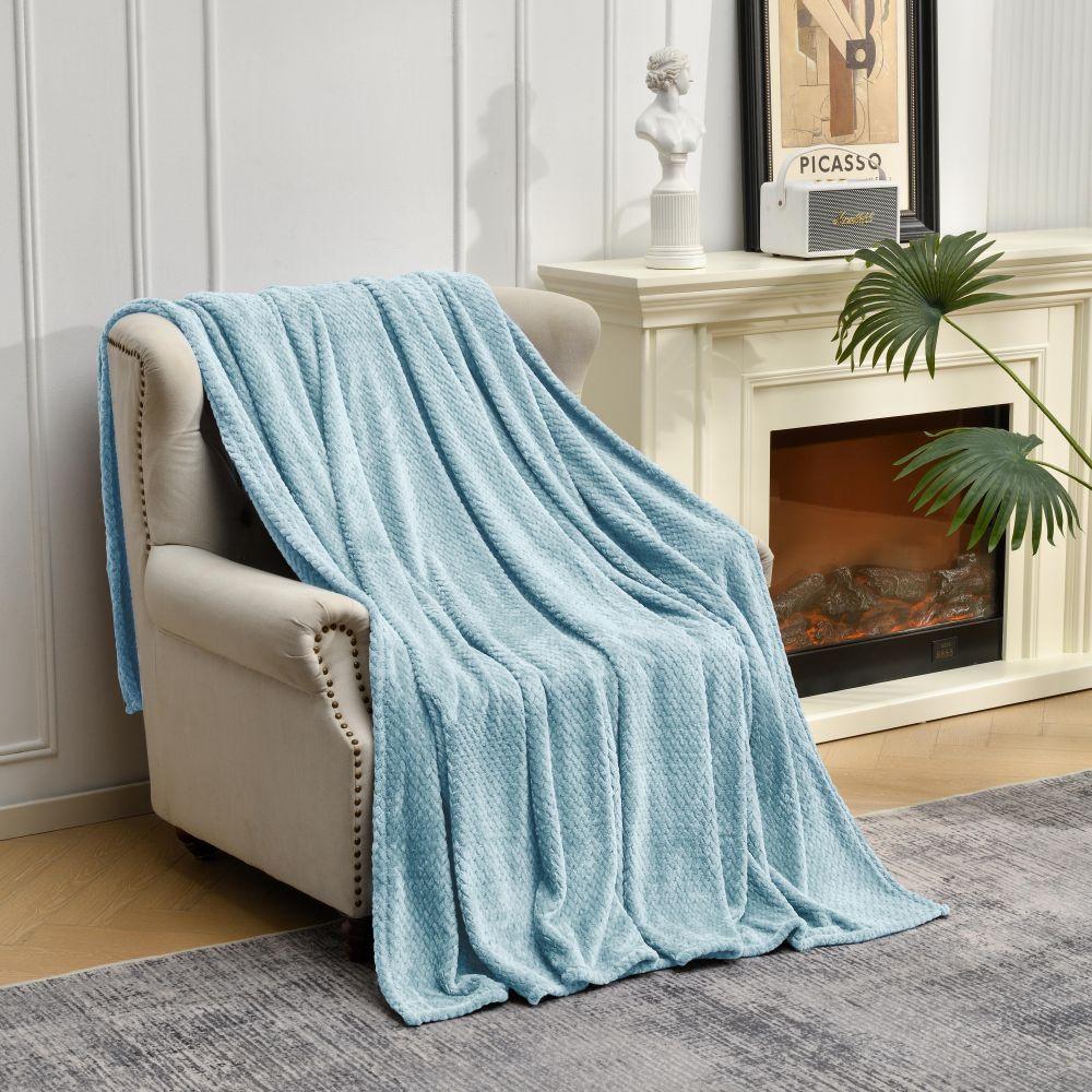 Blue Soft Flannel Jacquard Throw Blanket - Cozy Sofa &amp; Bed Cover, Air Conditioning Blanket, 50 x 60 Inches, Elegant Solid Color