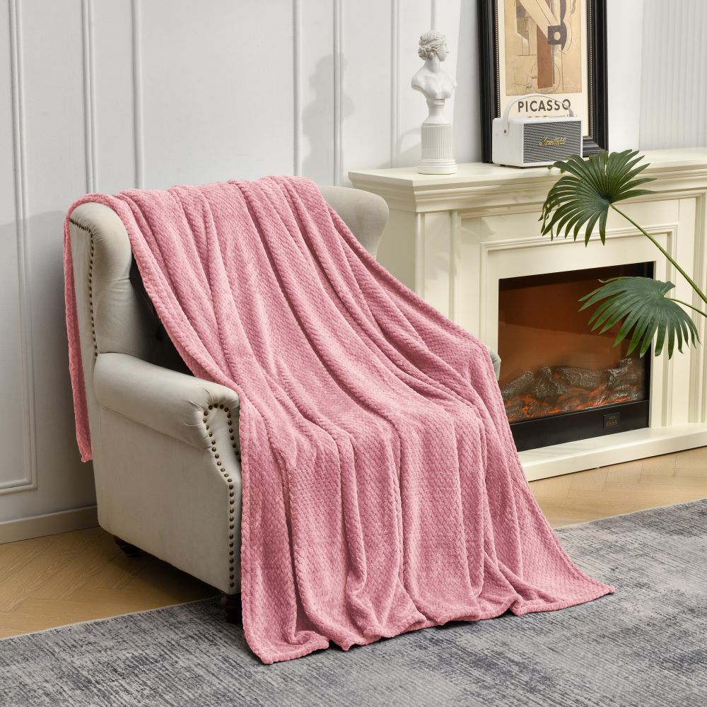 Pink Soft Flannel Jacquard Throw Blanket - Cozy Sofa &amp; Bed Cover, Air Conditioning Blanket, 50 x 60 Inches, Elegant Solid Color