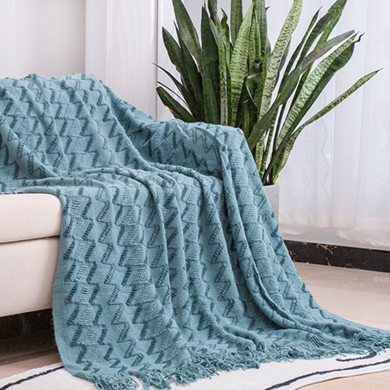 130*230CM Blue Modern Knitted Throw Blanket with Tassels - Soft &amp; Lightweight for Sofa, Bed, and Office