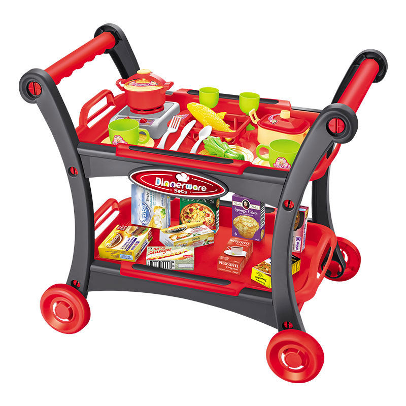 Red Children&#39;s Pretend Play Kitchen Cart Set with Toys - Roleplay Cooking Set with Accessories - Educational Toy for Kids