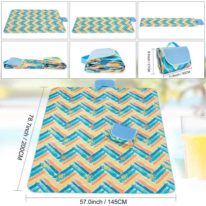 Blue Stripes Stitching Premium Picnic Mat - Extra Thick & Waterproof Oxford Cloth Camping Blanket - 145x200cm