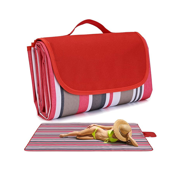 Red Stripes Stitching Premium Picnic Mat - Extra Thick &amp; Waterproof Oxford Cloth Camping Blanket - 145x200cm