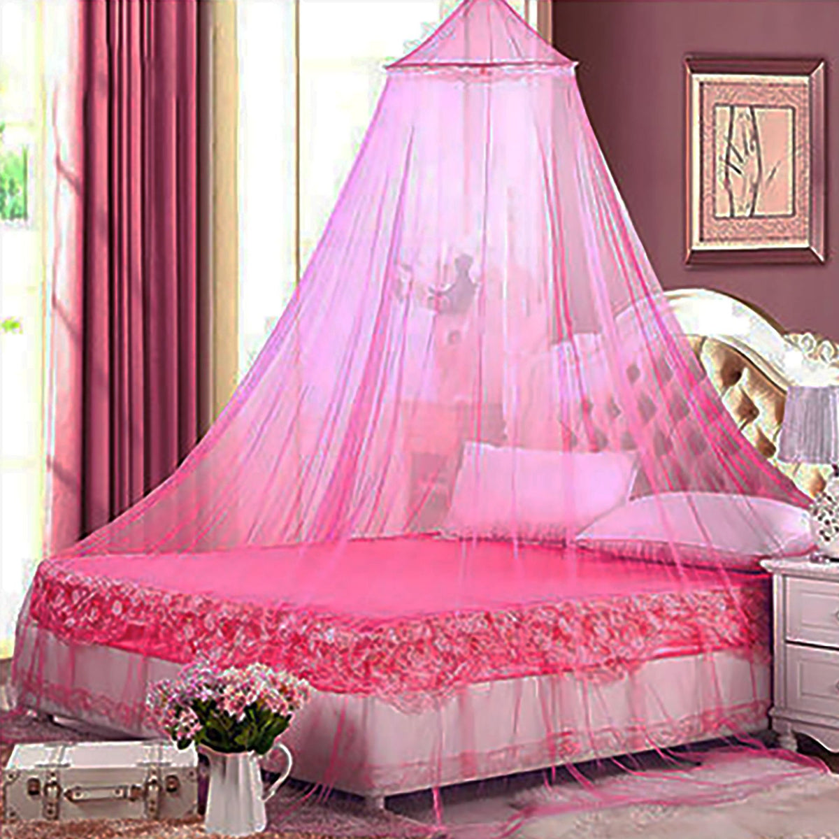 Pink Hanging Princess Bed Canopy Mosquito Net - Dome Bedding for Dorm Rooms &amp; Bedrooms (Fits ≤1.5m Beds)