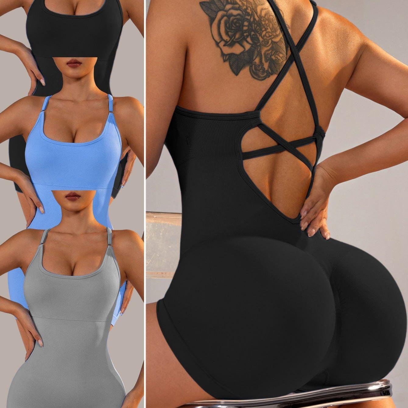 Size XS Black Nylon Seamless Yoga Bodysuit - Women's Athletic Romper, Crisscross Back, Workout Jumpsuit