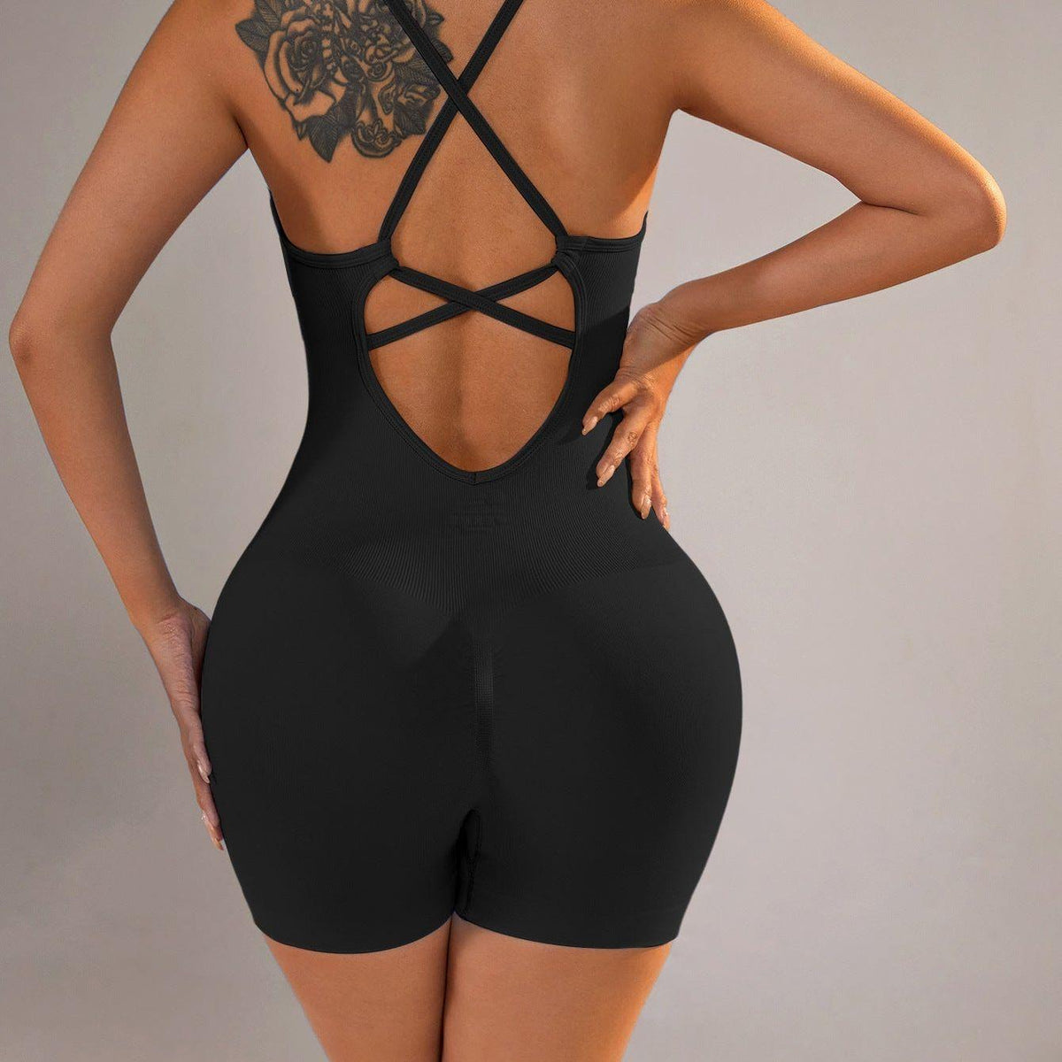 Size XS Black Nylon Seamless Yoga Bodysuit - Women's Athletic Romper, Crisscross Back, Workout Jumpsuit