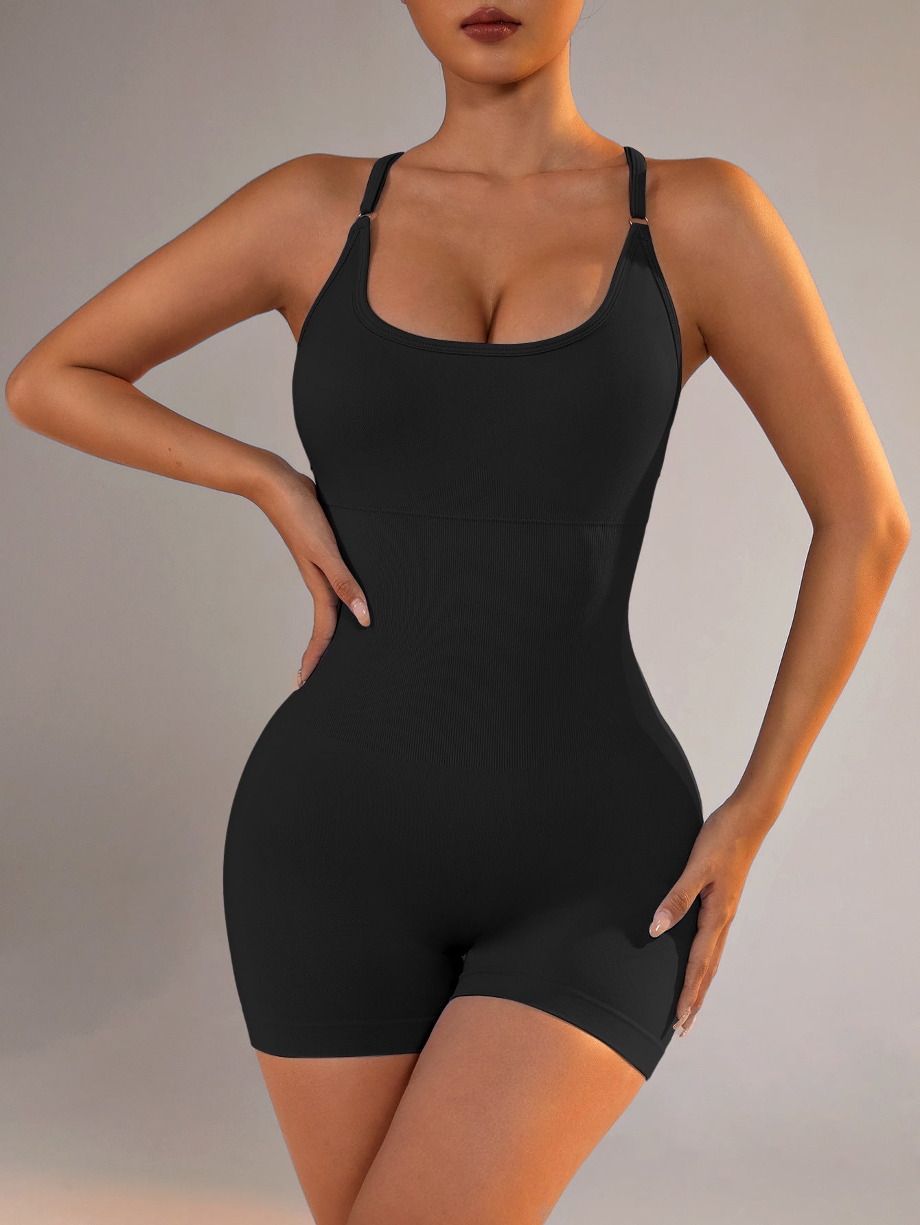 Size XS Black Nylon Seamless Yoga Bodysuit - Women's Athletic Romper, Crisscross Back, Workout Jumpsuit